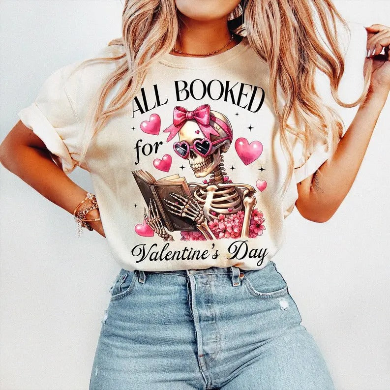 All Booked Valentines Skeleton Valentine Coquette - Adult & Kids T-Shirts, Sweatshirts & Hoodies apparel design preview 1