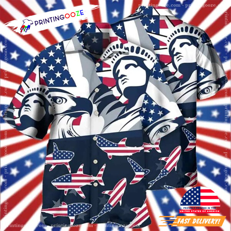 America Independence Day Shark Hawaiian - Adult & Kids T-Shirts, Sweatshirts & Hoodies apparel design preview 1