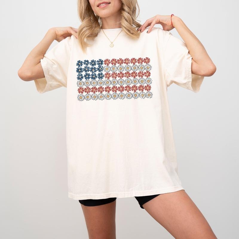 American Flag Flowers Red White Blue Floral Patriotic - Adult & Kids T-Shirts, Sweatshirts & Hoodies apparel design preview 1