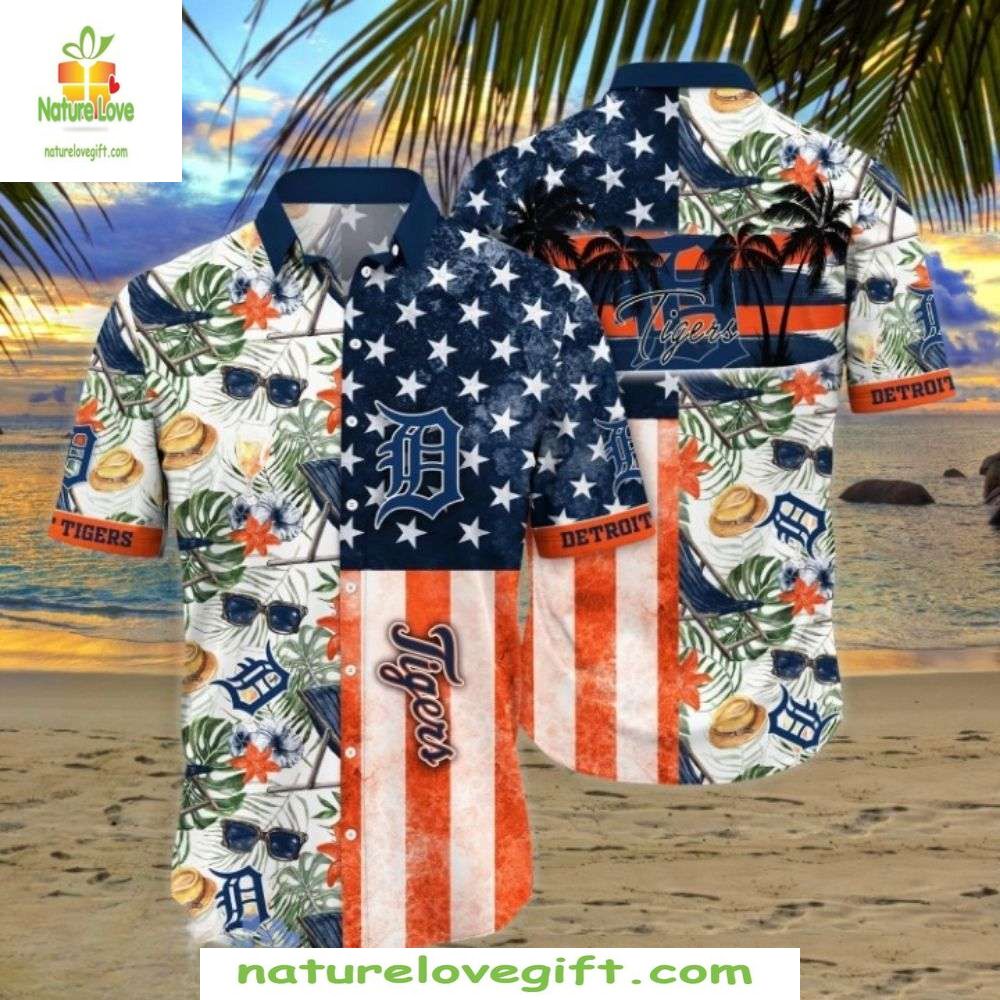 Detroit Tigers Hawaiian American Flag Tropical Aloha - Adult & Kids T-Shirts, Sweatshirts & Hoodies apparel design preview 1