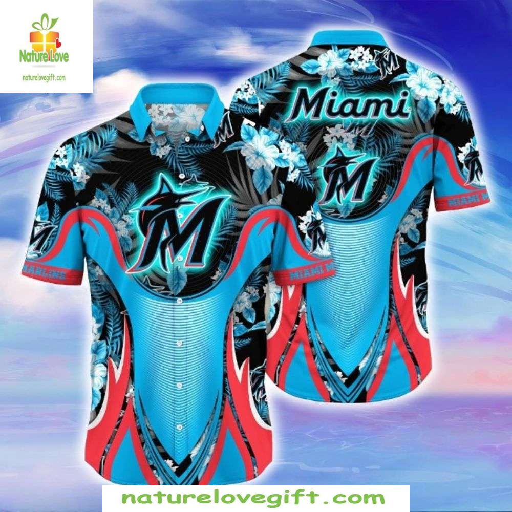 Miami Marlins Hawaiian Aquatic Flora Surge Baseball - Adult & Kids T-Shirts, Sweatshirts & Hoodies apparel design preview 1