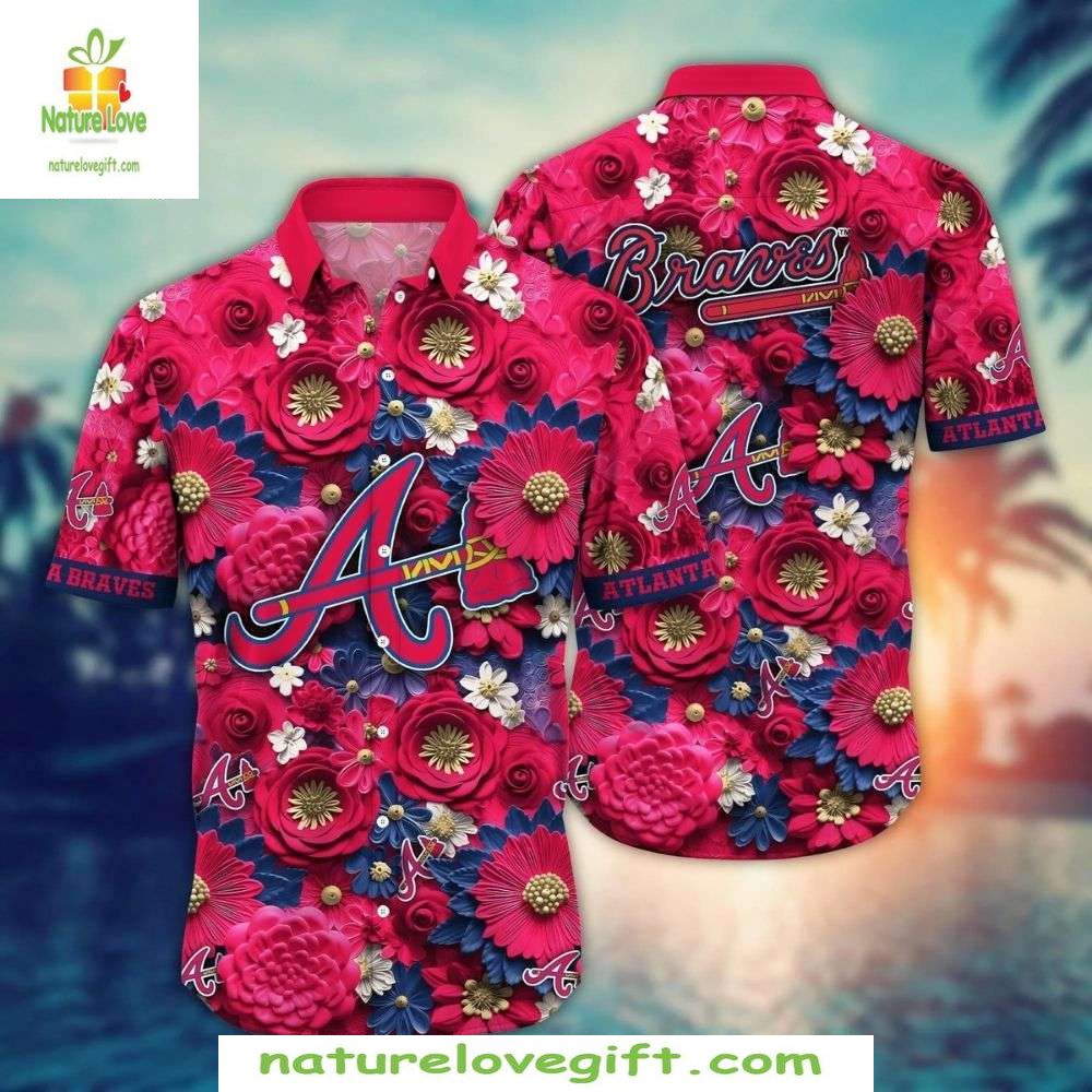 Atlanta Braves Hawaiian Floral Crest Vivid Blossom - Adult & Kids T-Shirts, Sweatshirts & Hoodies apparel design preview 1