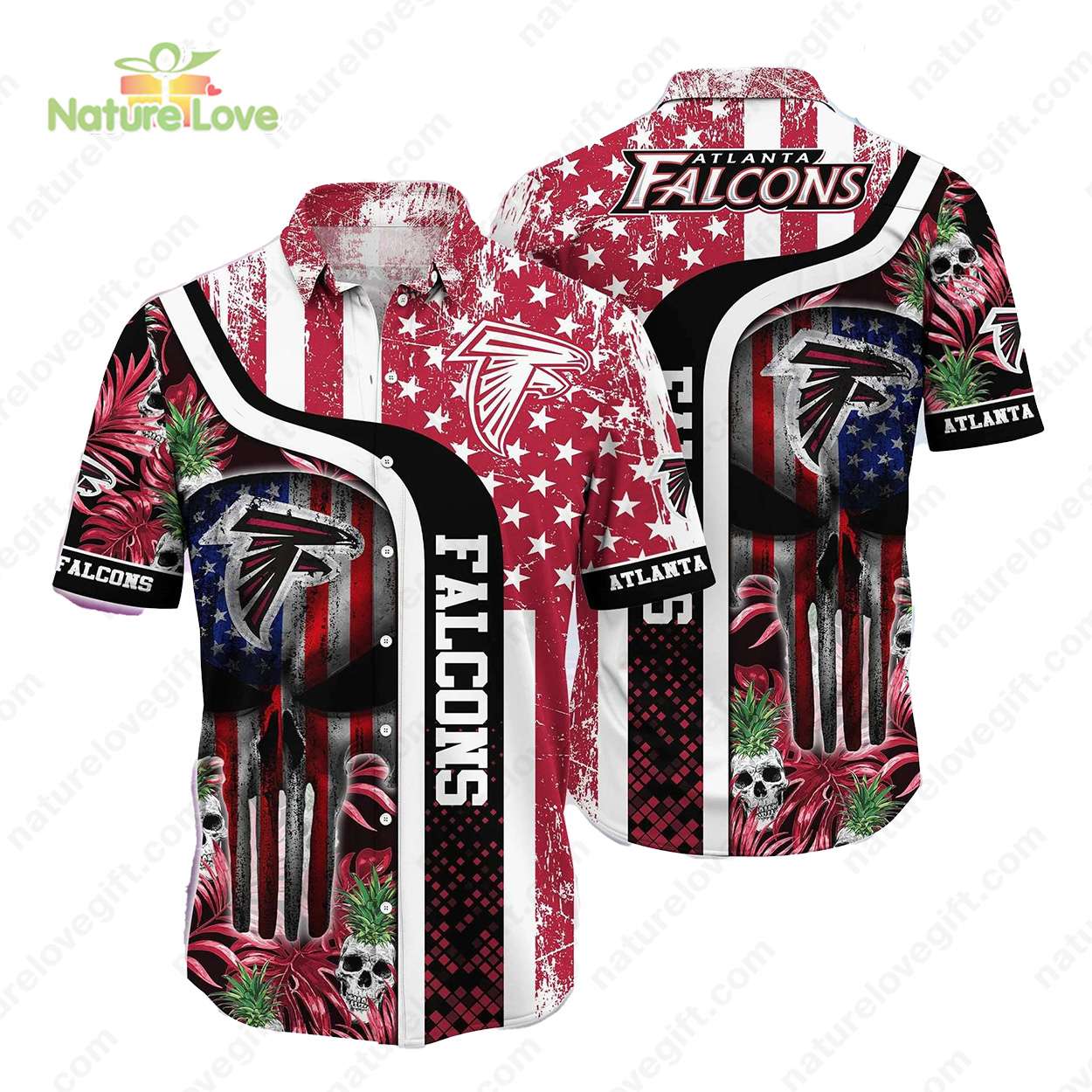 Atlanta Falcons American Flag Skulls Vintage Hawaiian - Adult & Kids T-Shirts, Sweatshirts & Hoodies apparel design preview 1