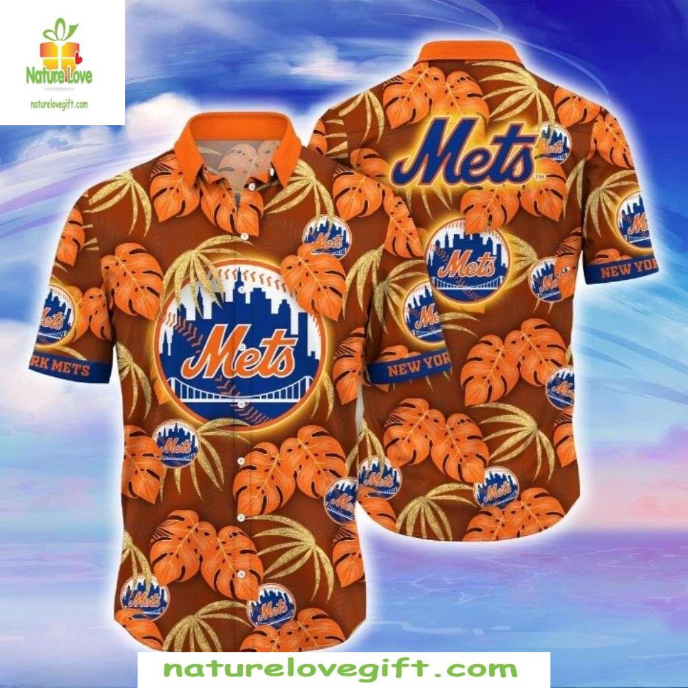 NY Mets Hawaiian Autumn Tropics Warm Foliage Fan - Adult & Kids T-Shirts, Sweatshirts & Hoodies apparel design preview 1