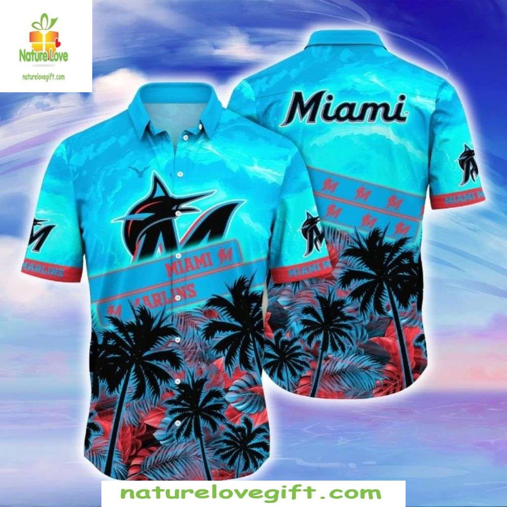 Miami Marlins Hawaiian Azure Palm Breeze MLB Baseball - Adult & Kids T-Shirts, Sweatshirts & Hoodies apparel design preview 1