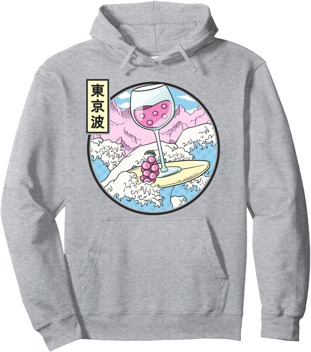 Surfing Wine Glass Japan Waves Kawaii T-Shirt - Graphic Print for Adults - T-Shirt, Sweatshirt, Hoodie