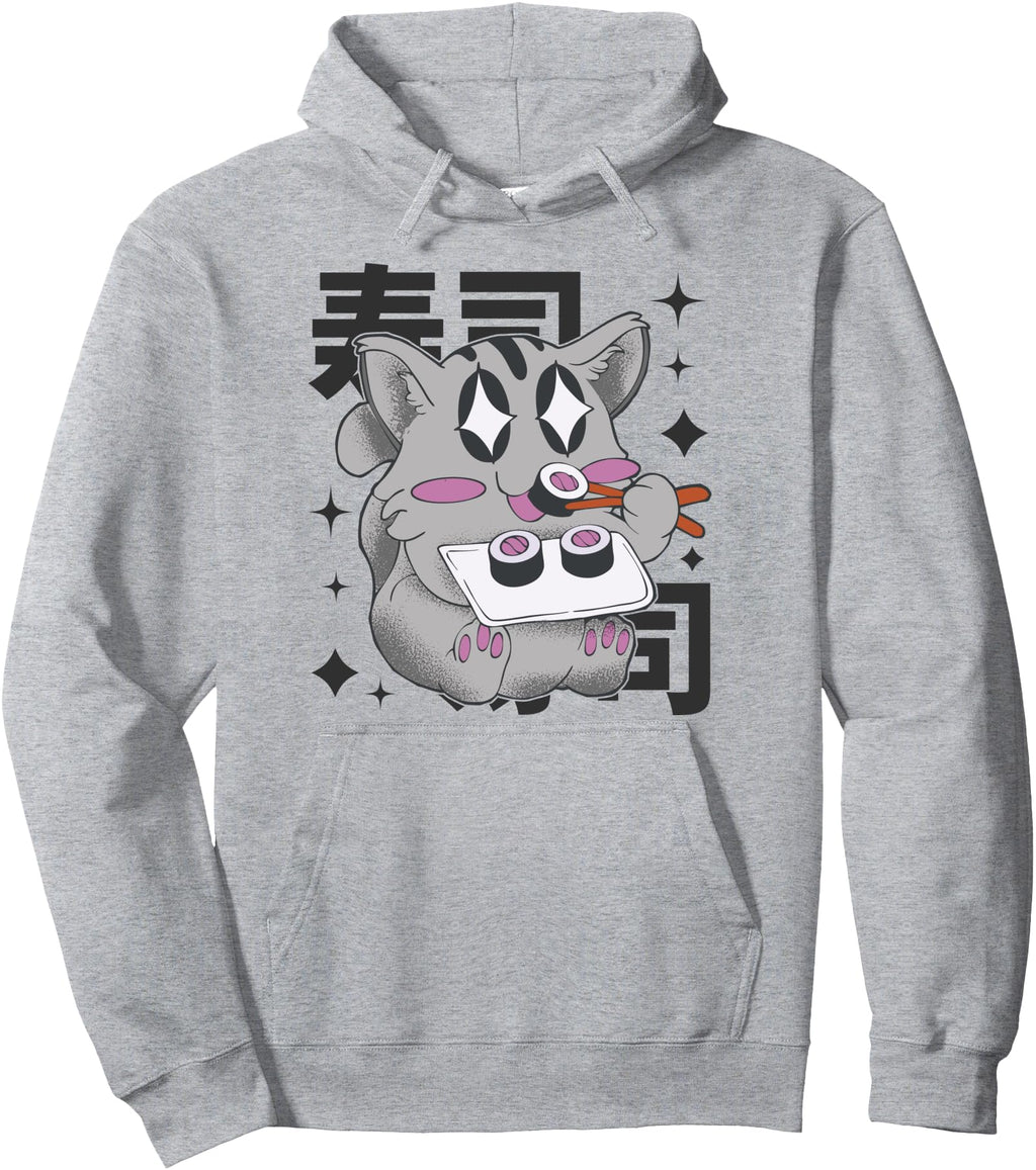 Happy Cat Eating Sushi Japan Kawaii Hoodie - Minimalist Print Men Women - T-Shirt, Sweatshirt, Hoodie