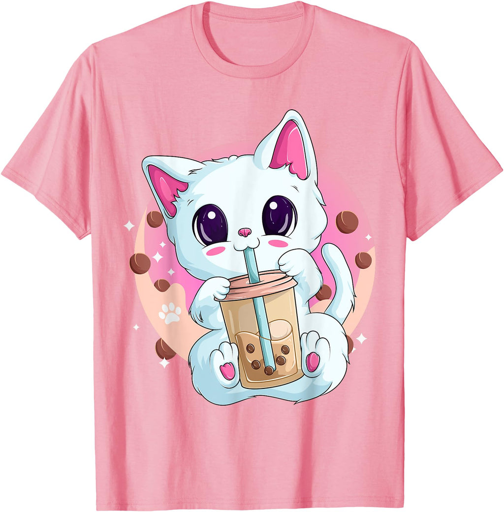 Handcrafted Boba Tea Cat Anime Shirts T-Shirt - Novelty Apparel for Adults - T-Shirt, Sweatshirt, Hoodie