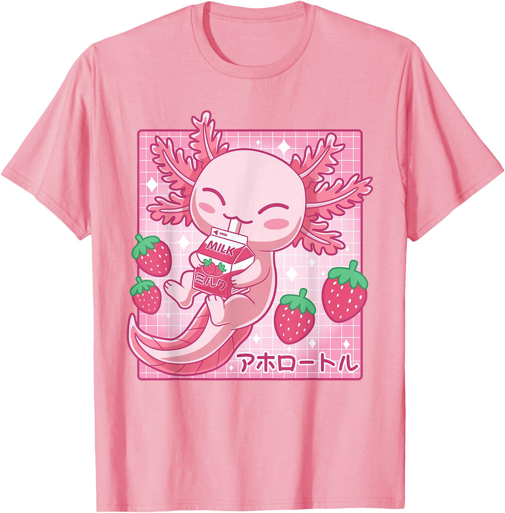 Kawaii Axolotl Strawberry Milk Sweatshirt - Custom Art Print Men Women - T-Shirt, Sweatshirt, Hoodie