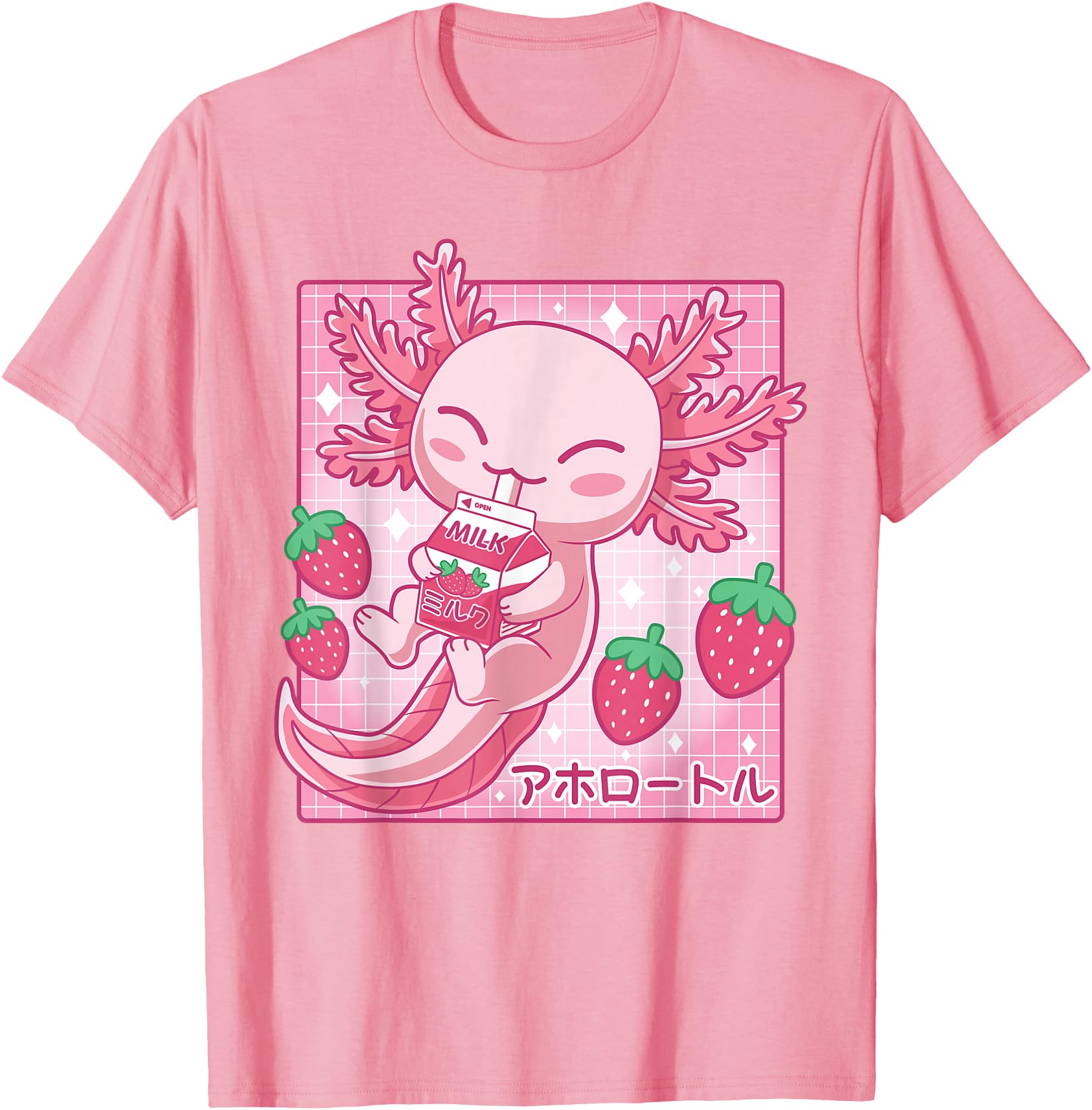 Kawaii Axolotl Strawberry Milk Sweatshirt - Custom Art Print Men Women - T-Shirt, Sweatshirt, Hoodie