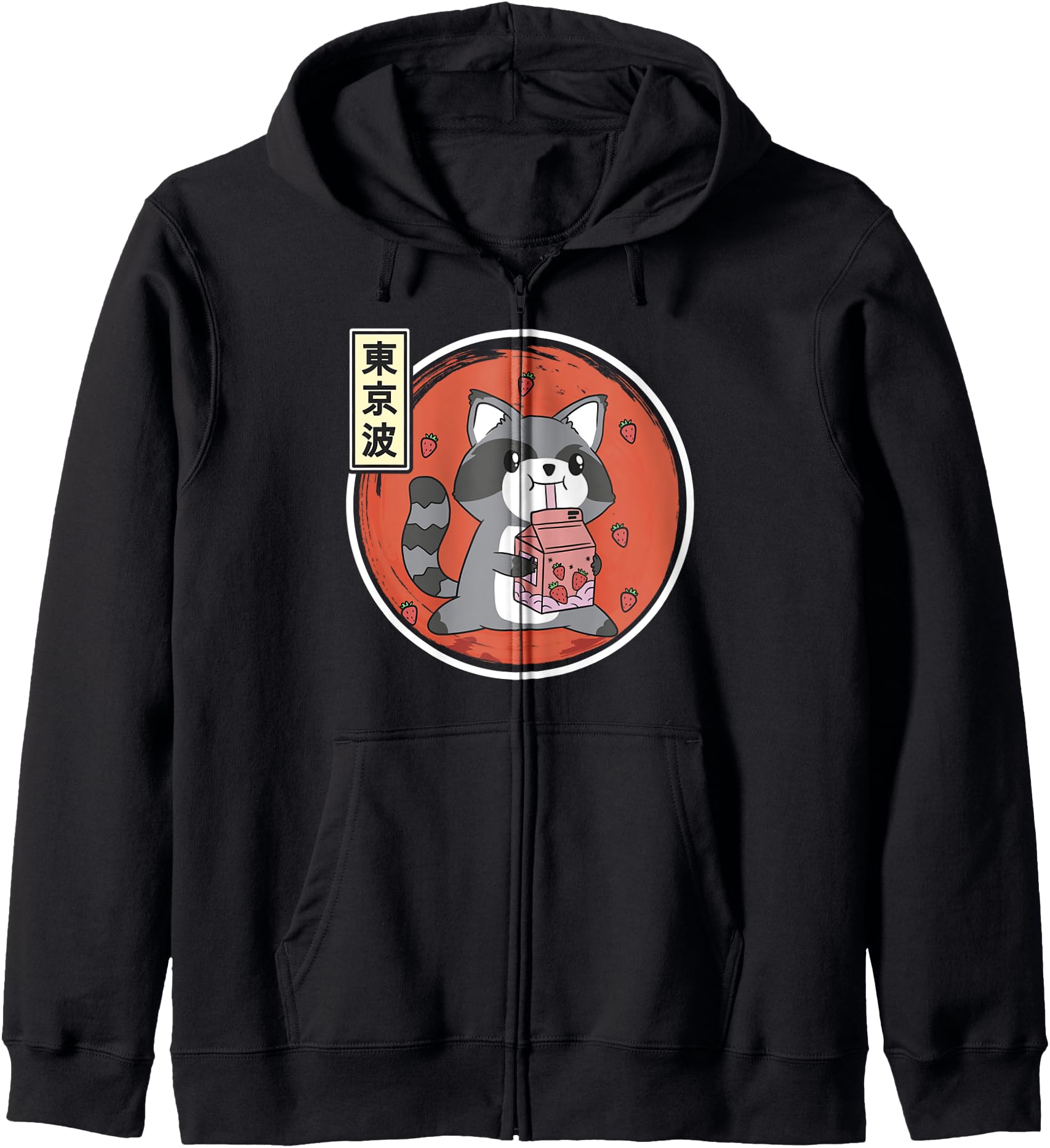 Kawaii Raccoon Strawberry Milk Japanese Hoodie - Graphic Print for Adults - T-Shirt, Sweatshirt, Hoodie