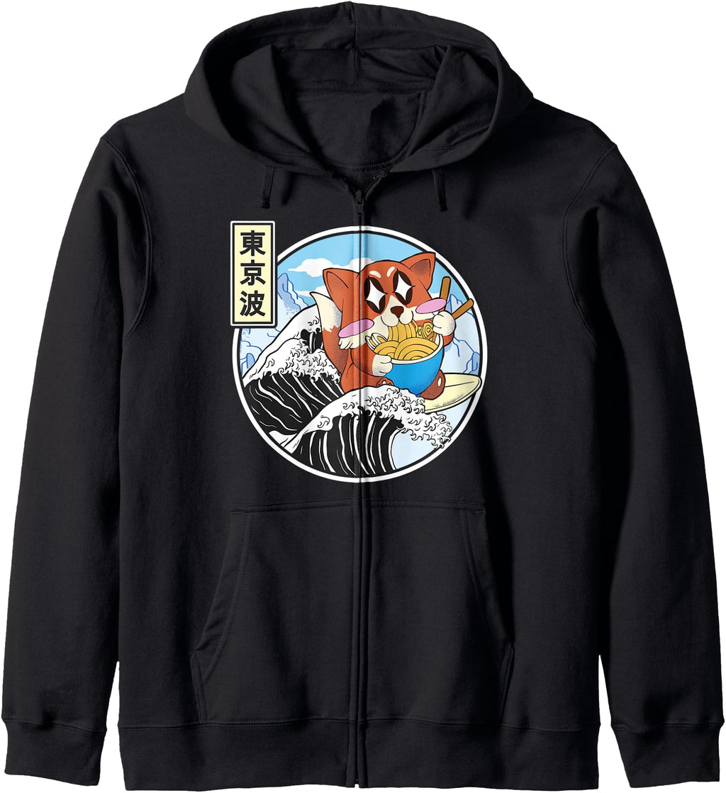 Happy Fox Eating Ramen Surfing Kanagawa T-Shirt - Graphic Print Men Women - T-Shirt, Sweatshirt, Hoodie