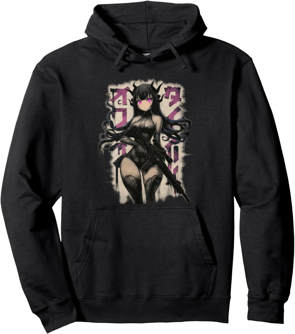 Demon Anime Waifu Grunge Rifle Wielding T-Shirt - Unique Graphic Unisex - T-Shirt, Sweatshirt, Hoodie