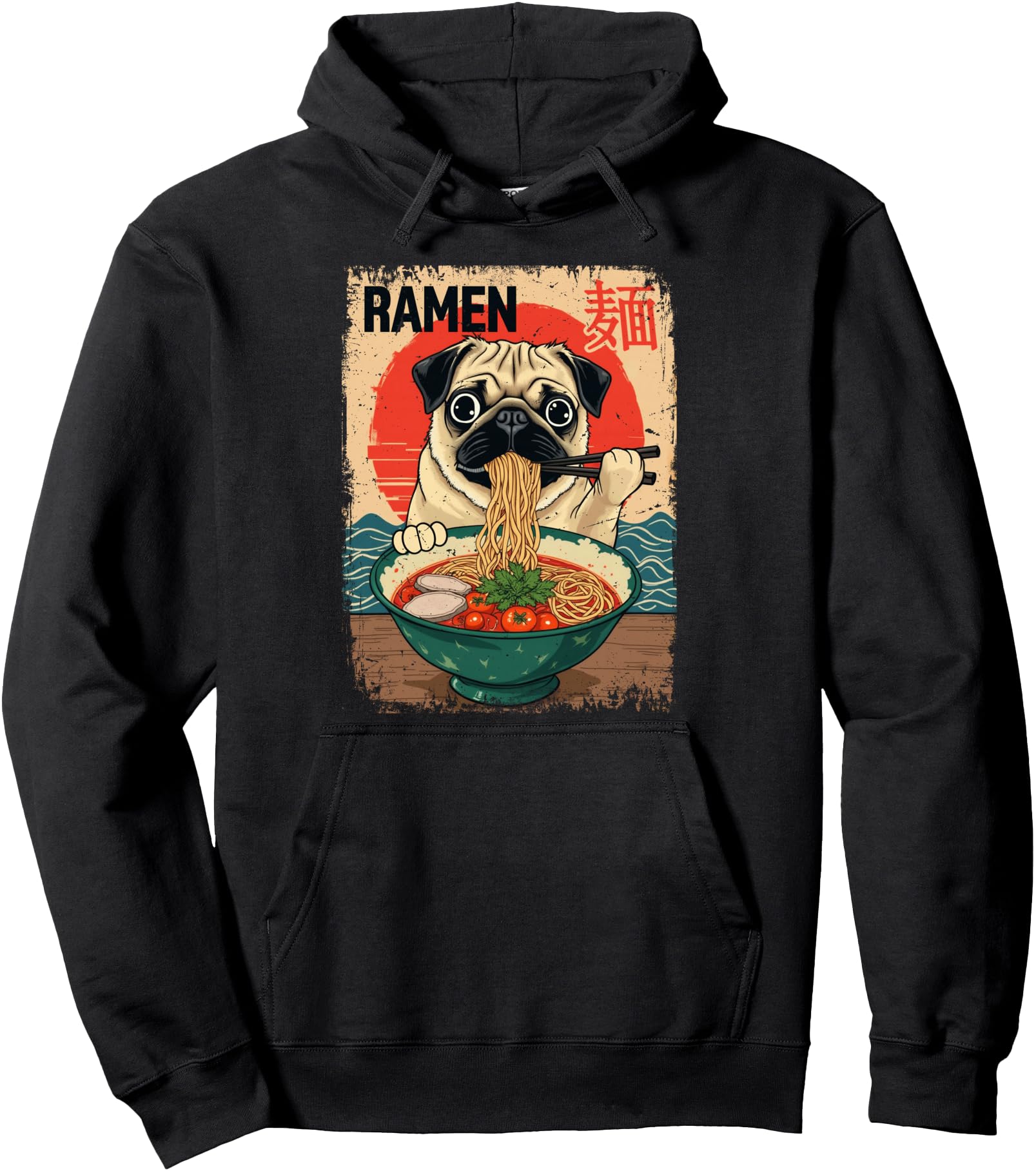 Original Japanese Pug Dog Eating Ramen Hoodie - Custom Art Print Men Women - T-Shirt, Sweatshirt, Hoodie