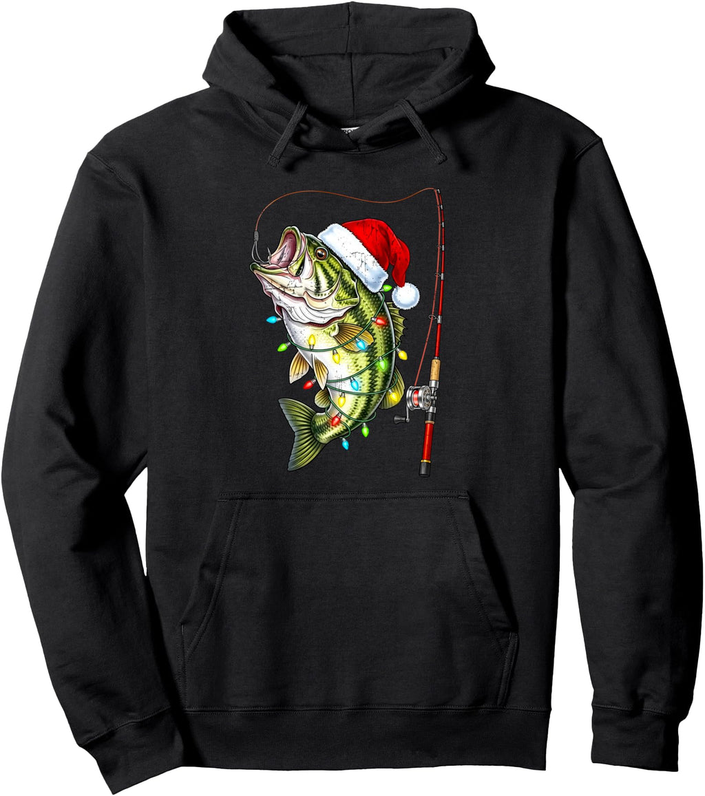 Handcrafted Fishing Bass Santa Hat Lights Hoodie - Novelty Apparel Unisex - T-Shirt, Sweatshirt, Hoodie