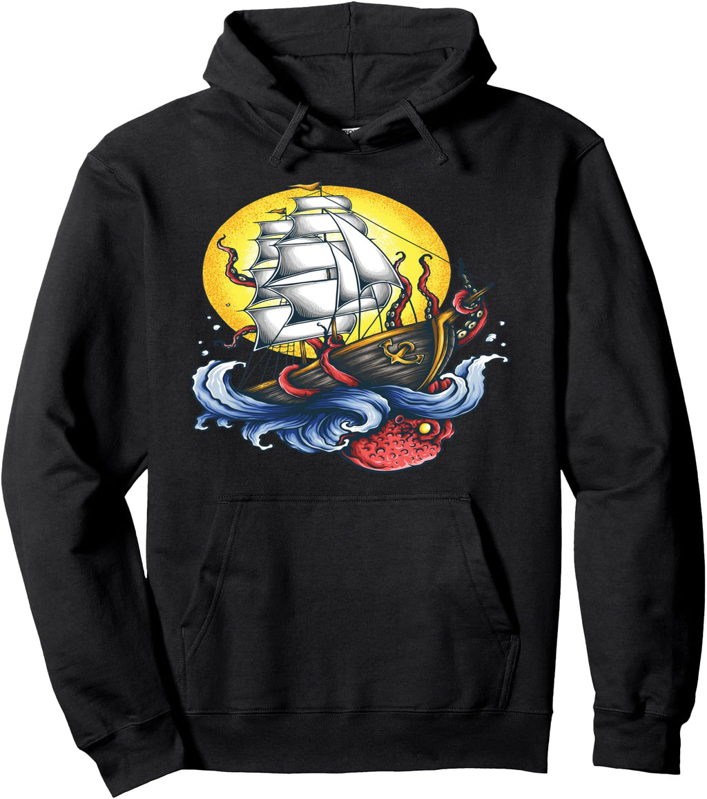 Sailing Pirate Ship And Kraken Giant Sweatshirt - Unique Graphic Men Women - T-Shirt, Sweatshirt, Hoodie