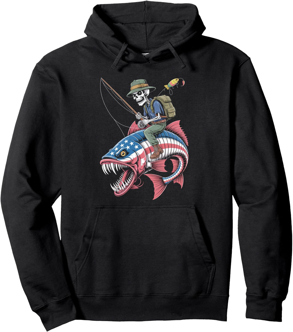 Original Fishing American Flag Skull Hoodie - Aesthetic Graphic Men Women - T-Shirt, Sweatshirt, Hoodie