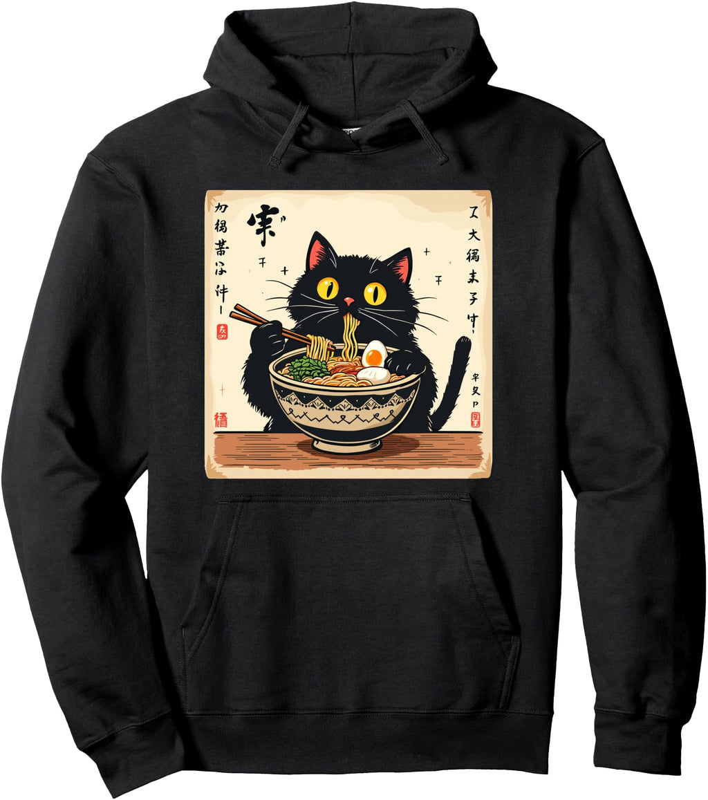 Black Cat Eating Ramen Noodles T-Shirt - Fun Novelty Design Men Women - T-Shirt, Sweatshirt, Hoodie