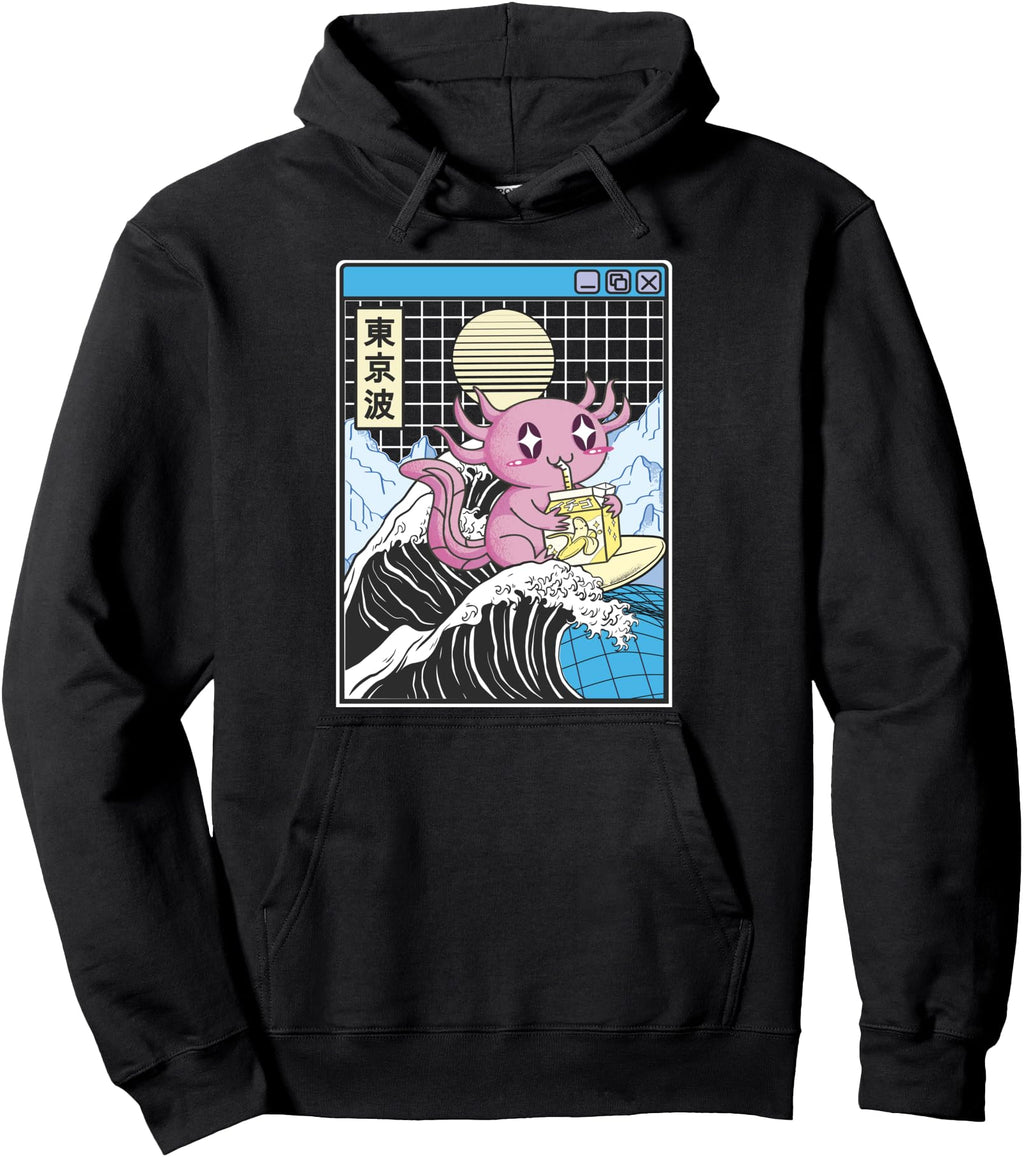 Axolotl Drinking Banana Milk Kanagawa T-Shirt - Novelty Apparel Men Women - T-Shirt, Sweatshirt, Hoodie