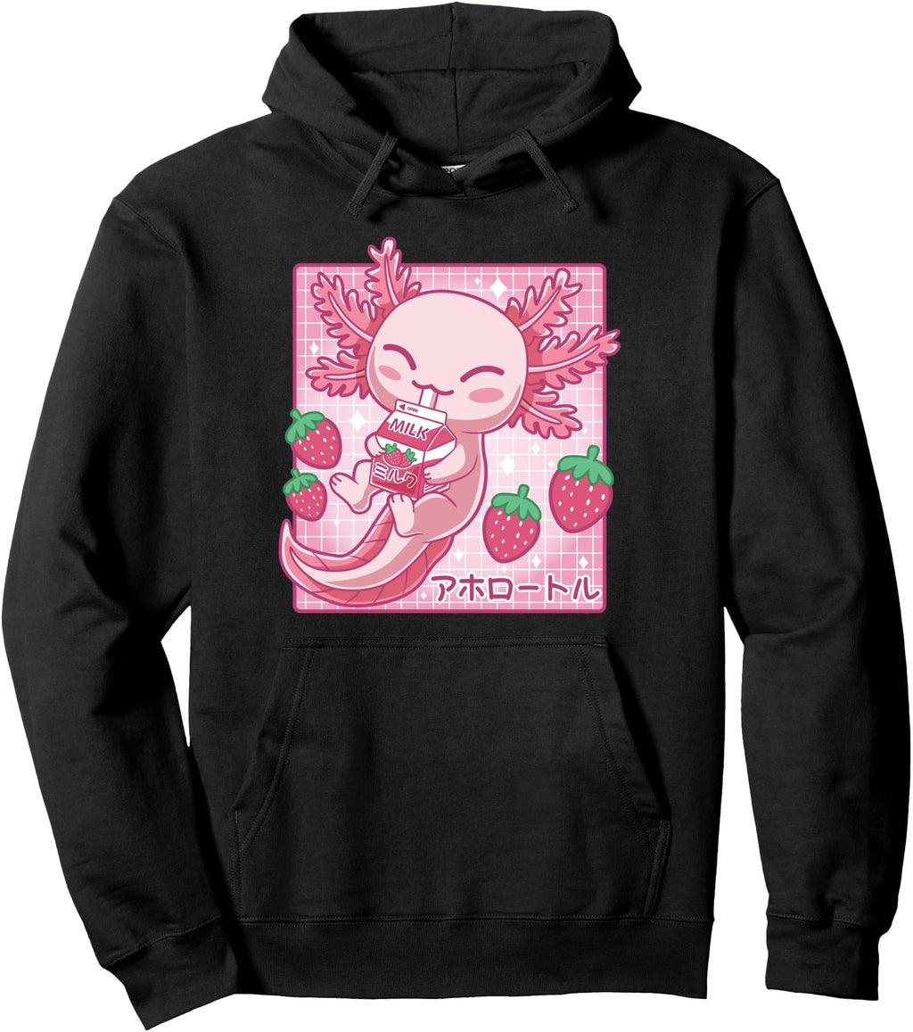 Kawaii Axolotl Strawberry Milk Shake Hoodie - Aesthetic Graphic for Adults - T-Shirt, Sweatshirt, Hoodie