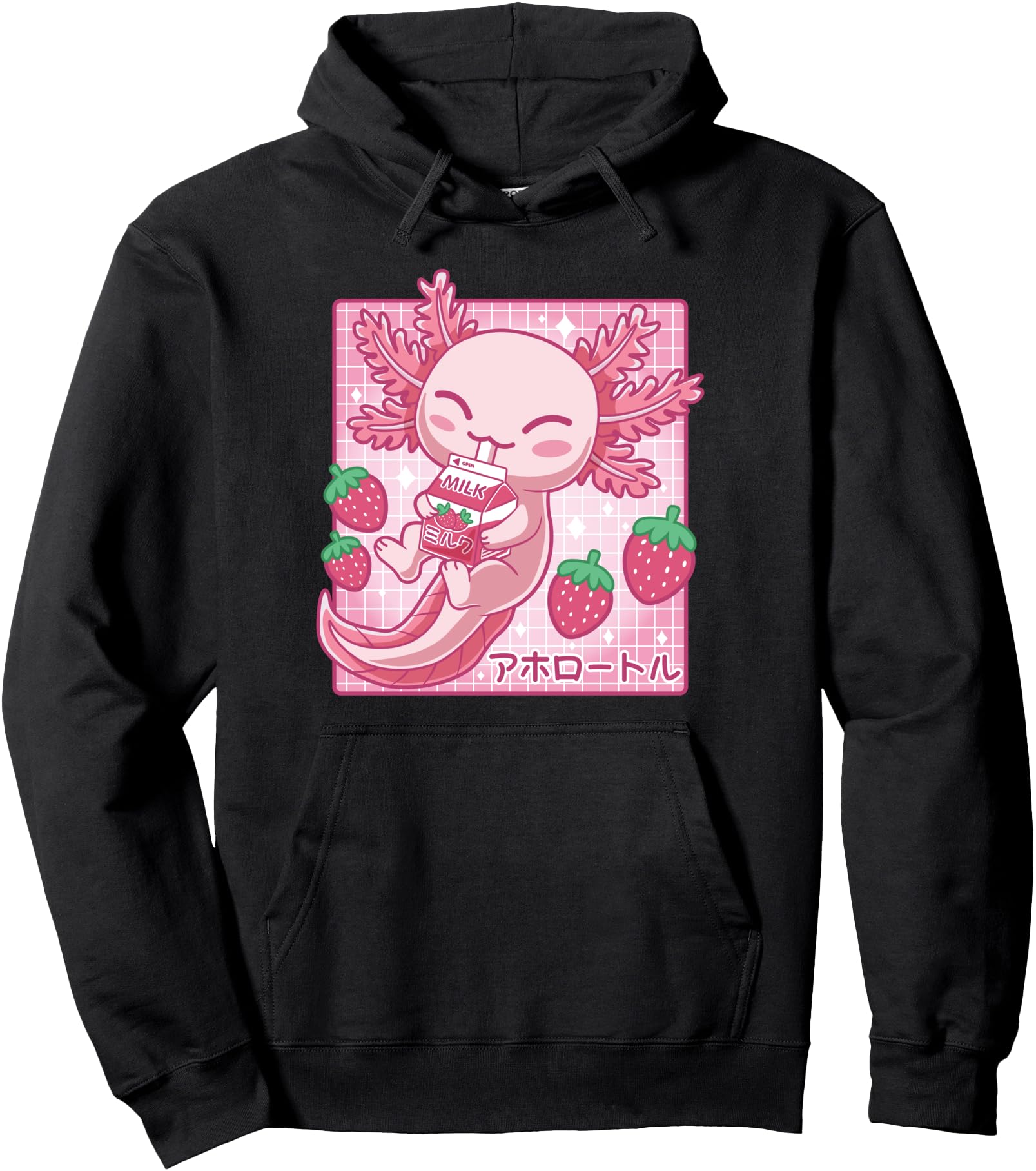 Kawaii Axolotl Strawberry Milk Shake Hoodie - Aesthetic Graphic for Adults - T-Shirt, Sweatshirt, Hoodie