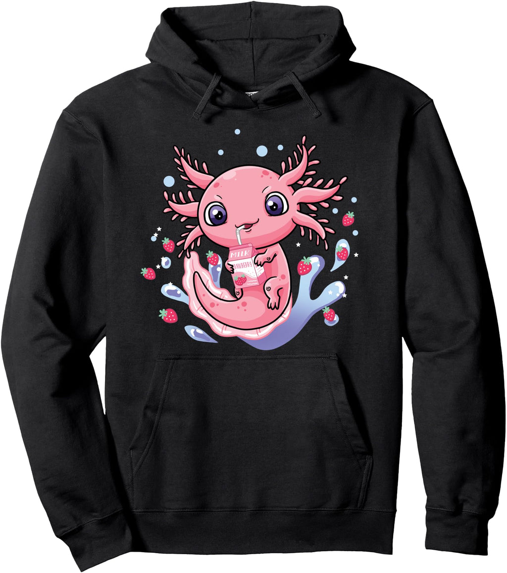 Kawaii Axolotl Strawberry Milk Shake Hoodie - Custom Art Print Unisex - T-Shirt, Sweatshirt, Hoodie