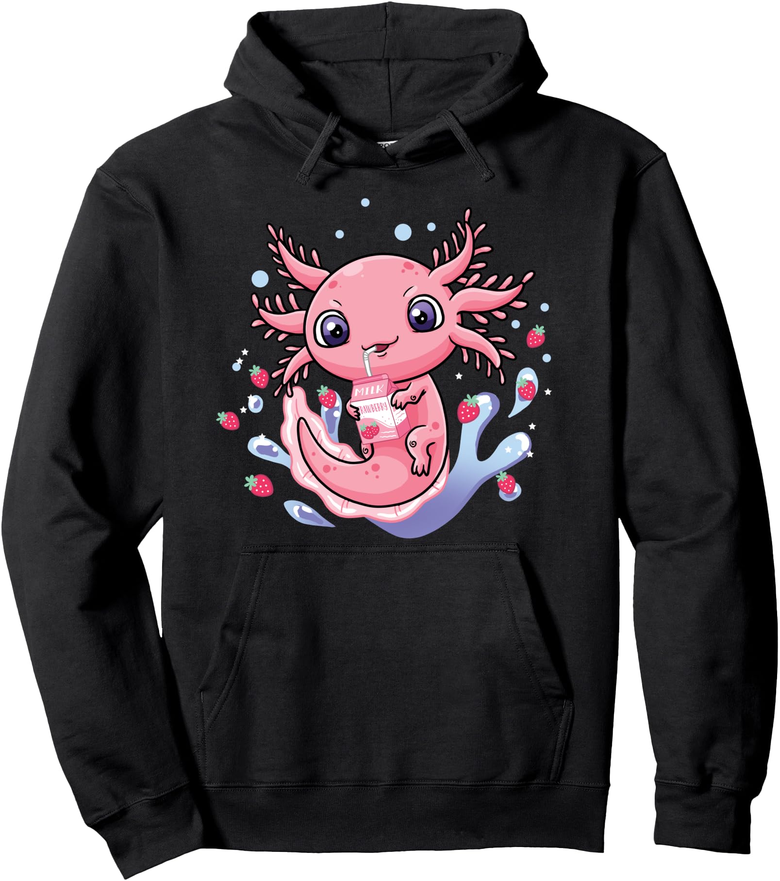 Kawaii Axolotl Strawberry Milk Shake Hoodie - Custom Art Print Unisex - T-Shirt, Sweatshirt, Hoodie