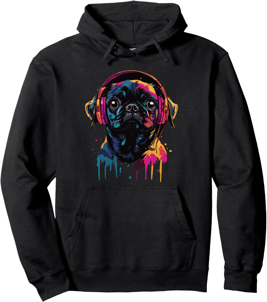 Black Pug Pop Art Wearing Headphones T-Shirt - Aesthetic Graphic Men Women - T-Shirt, Sweatshirt, Hoodie