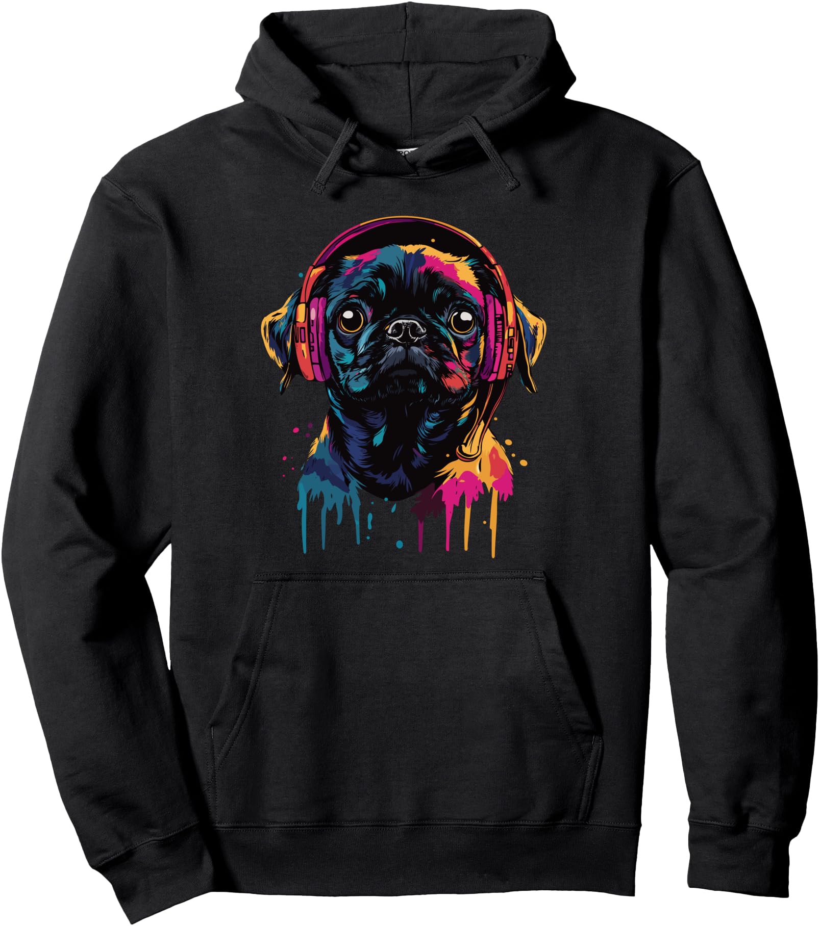 Black Pug Pop Art Wearing Headphones T-Shirt - Aesthetic Graphic Men Women - T-Shirt, Sweatshirt, Hoodie