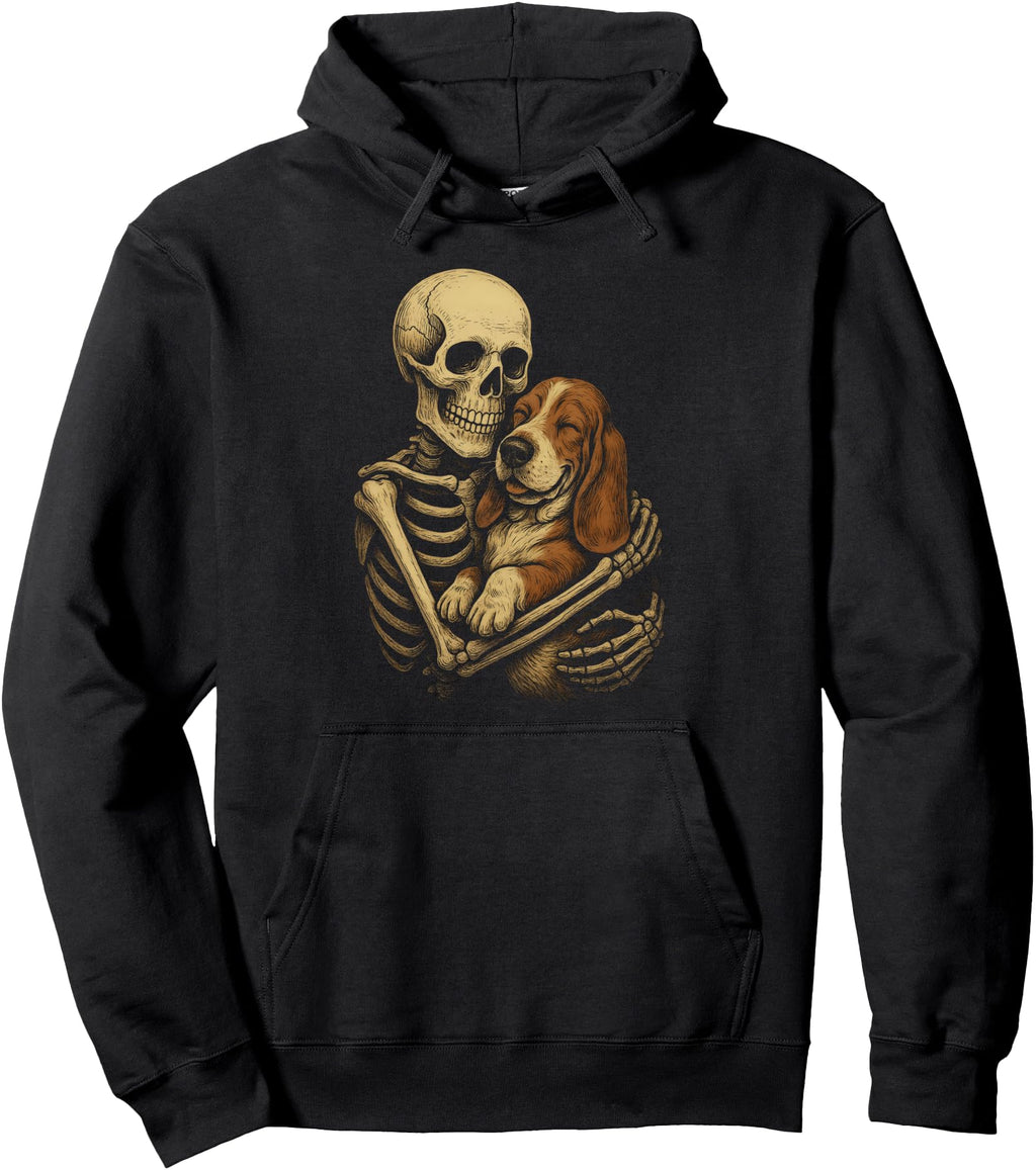 Authentic Skeleton Hugging Dog Basset Hoodie - Casual Everyday Wear Unisex - T-Shirt, Sweatshirt, Hoodie