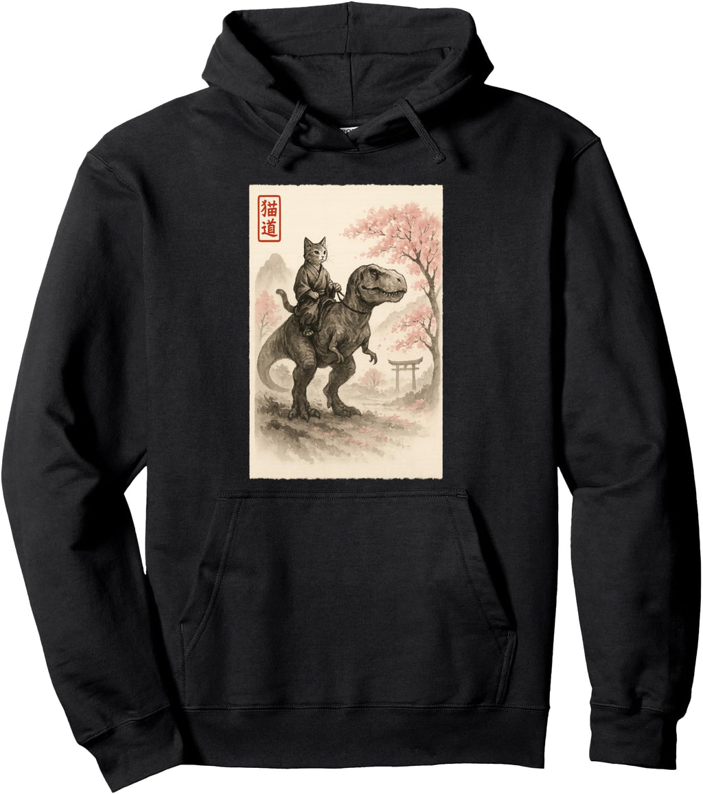 Original Sumi E Kawaii Cat Riding Hoodie - Aesthetic Graphic Men Women - T-Shirt, Sweatshirt, Hoodie