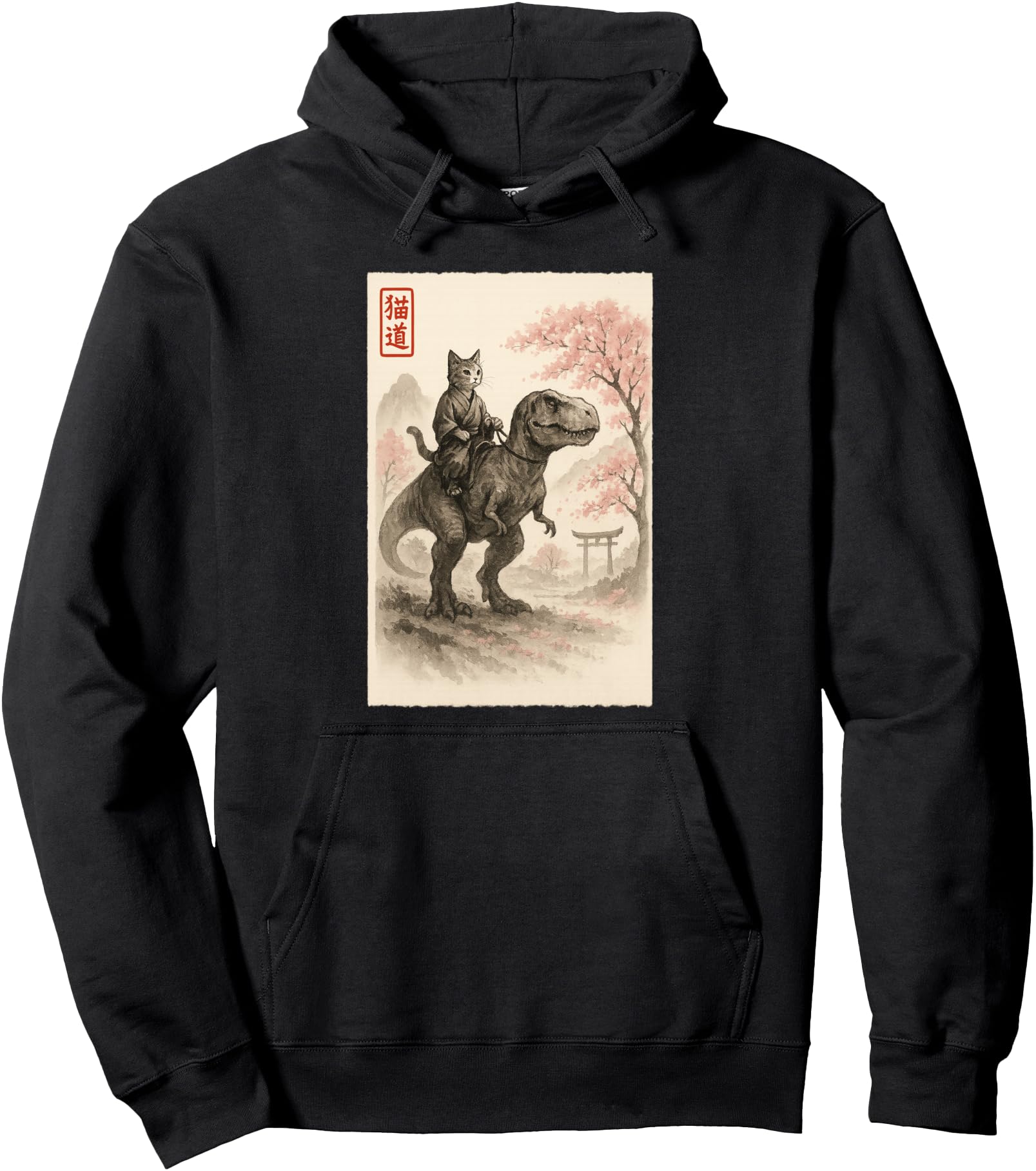Original Sumi E Kawaii Cat Riding Hoodie - Aesthetic Graphic Men Women - T-Shirt, Sweatshirt, Hoodie