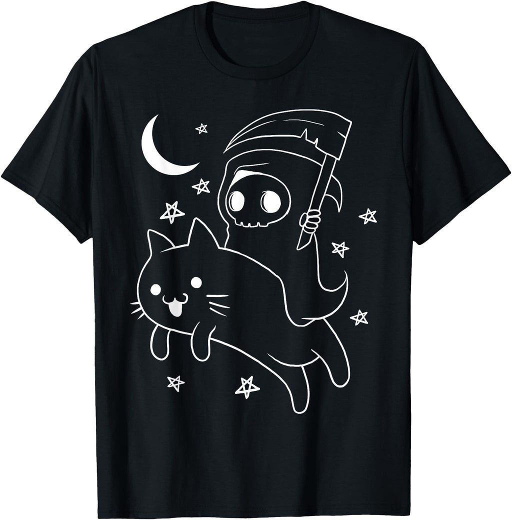 Grim Reaper Riding Cat Mount Chibi Hoodie - Unique Graphic Men Women - T-Shirt, Sweatshirt, Hoodie