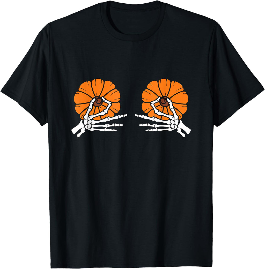Authentic Skeleton Hands Pumpkin Boobs T-Shirt - Custom Art Print Unisex - T-Shirt, Sweatshirt, Hoodie