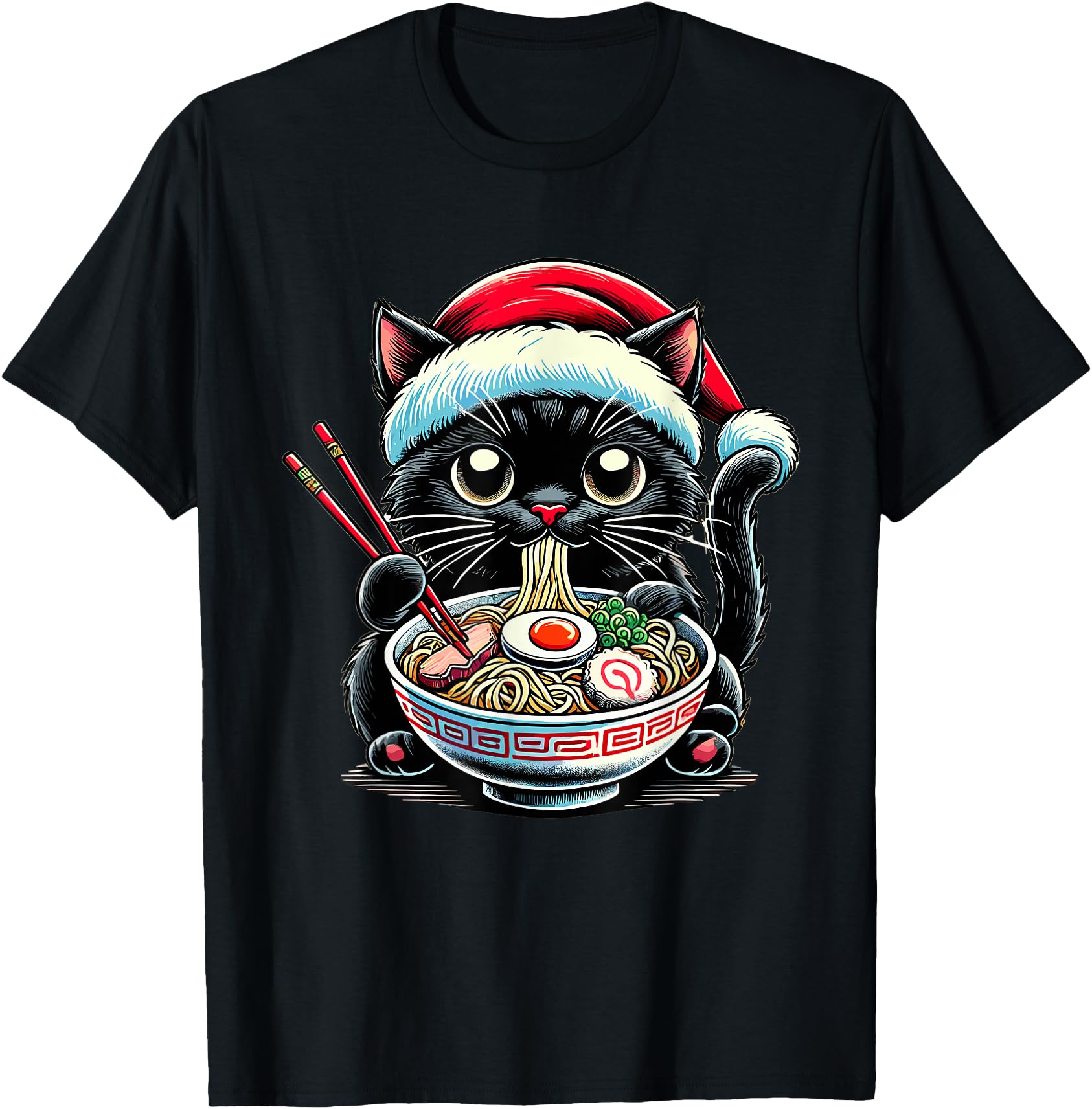 Cat Ramen Santa Hat Japanese T-Shirt - Streetwear Style for Adults - T-Shirt, Sweatshirt, Hoodie
