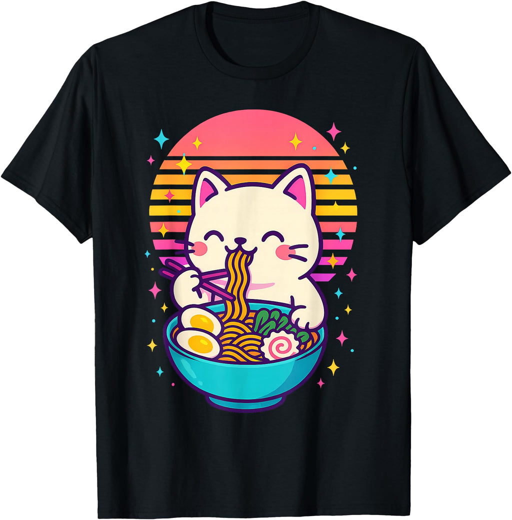 Authentic Anime Cat Eating Ramen T-Shirt - Streetwear Style for Adults - T-Shirt, Sweatshirt, Hoodie