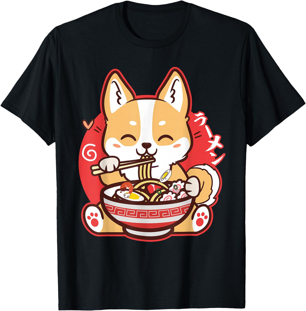 Exclusive Kawaii Corgi Eating Ramen T-Shirt - Aesthetic Graphic Men Women - T-Shirt, Sweatshirt, Hoodie