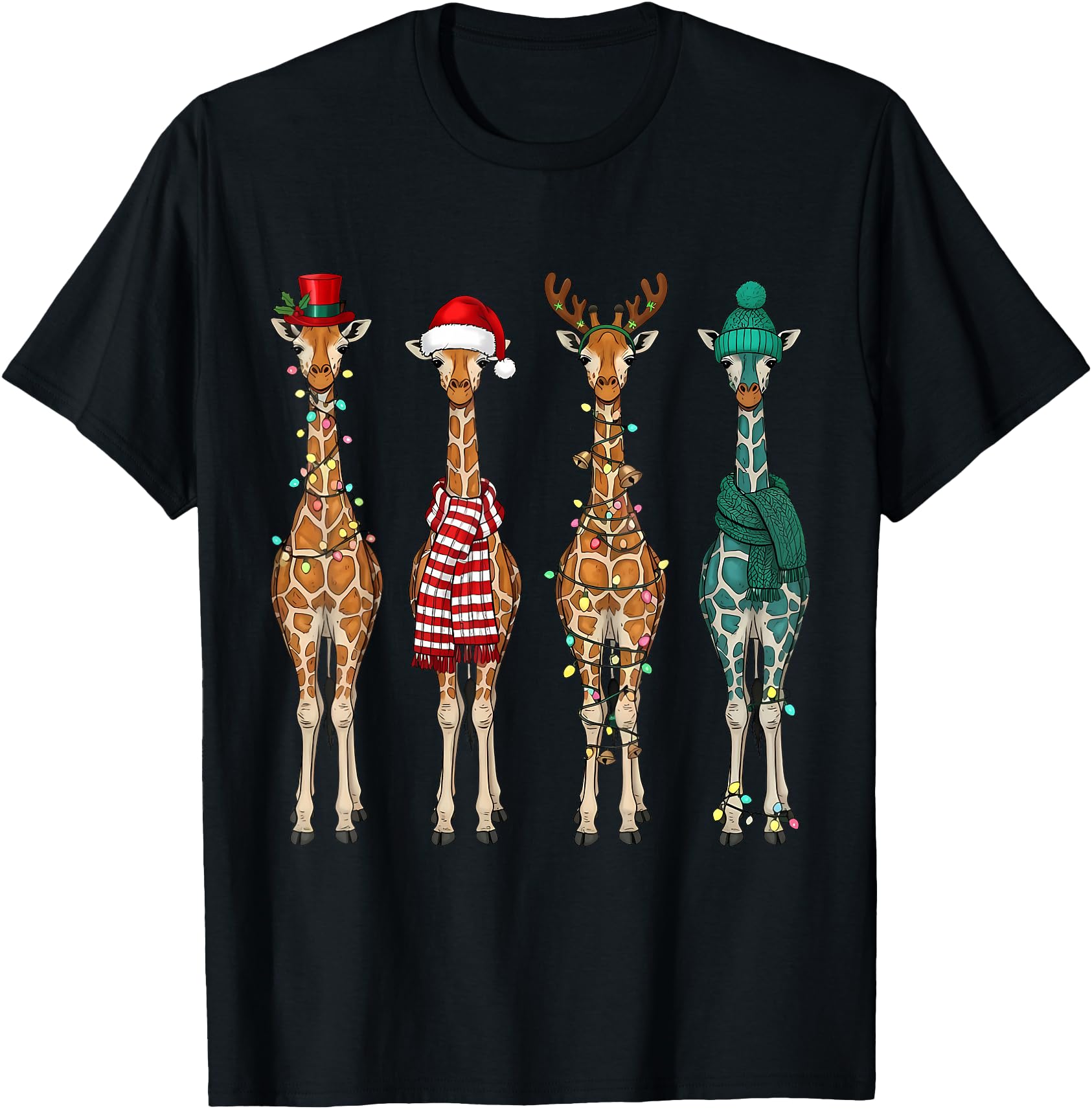 Giraffe Santa Hat Lights Holiday Animal T-Shirt - Trendy Graphic Men Women - T-Shirt, Sweatshirt, Hoodie