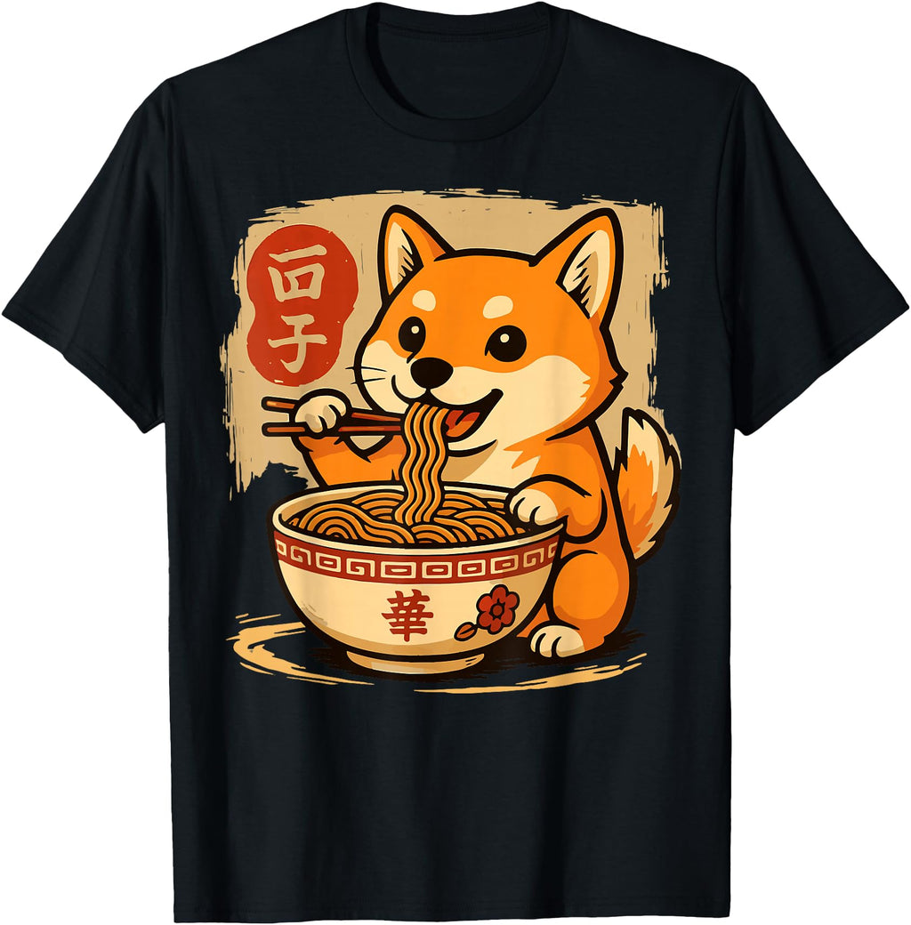 Handcrafted Anime Shiba Inu Eating Ramen T-Shirt - Graphic Print Men Women - T-Shirt, Sweatshirt, Hoodie