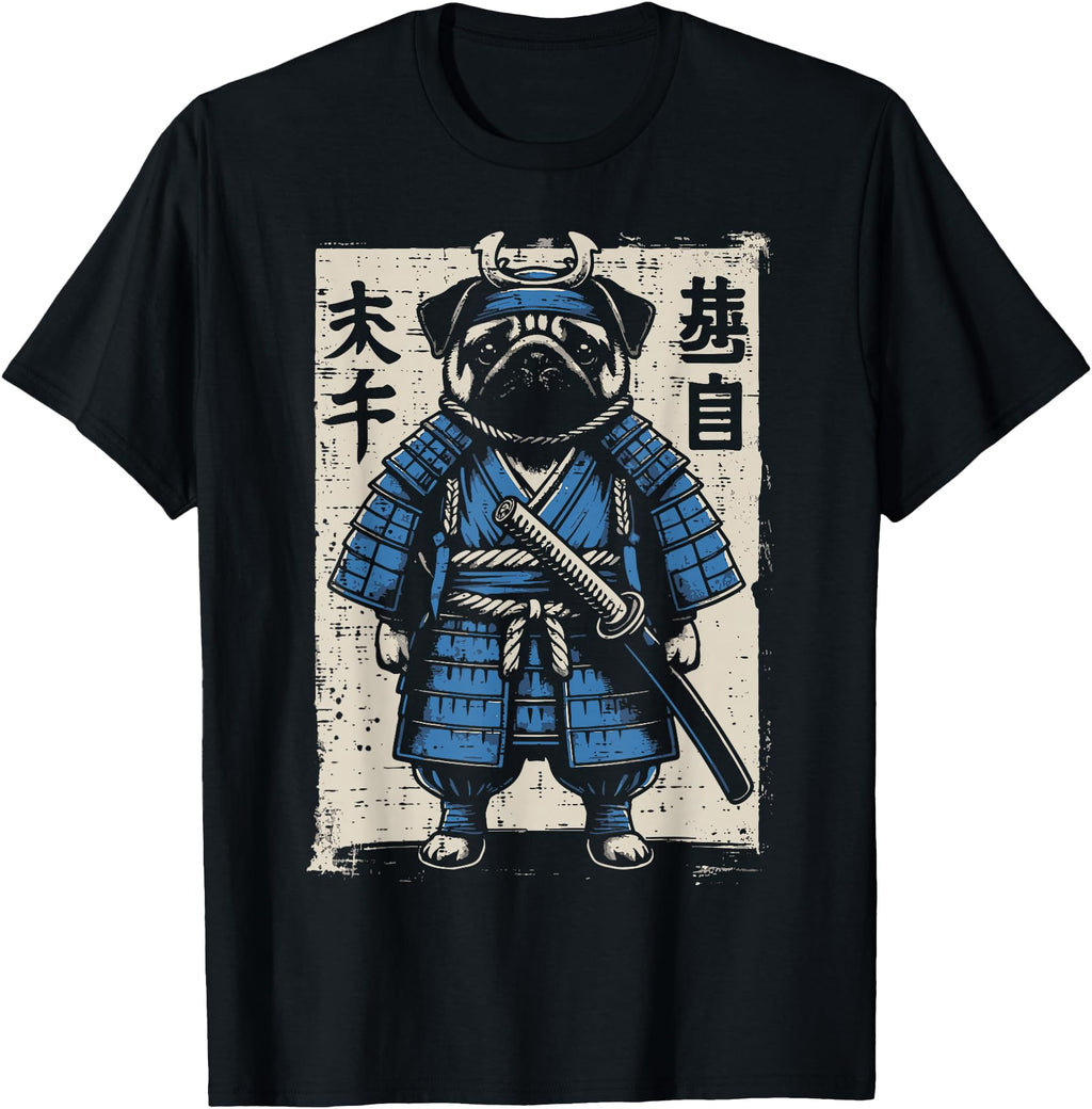 Handcrafted Dog Pug Samurai Japanese T-Shirt - Unique Graphic for Adults - T-Shirt, Sweatshirt, Hoodie
