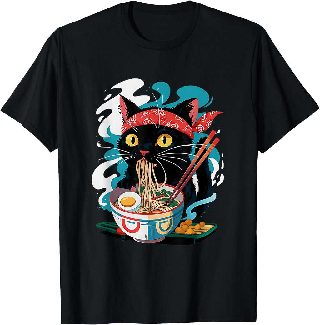 Handcrafted Kawaii Cat Eating Ramen Sweatshirt - Custom Art Print Unisex - T-Shirt, Sweatshirt, Hoodie