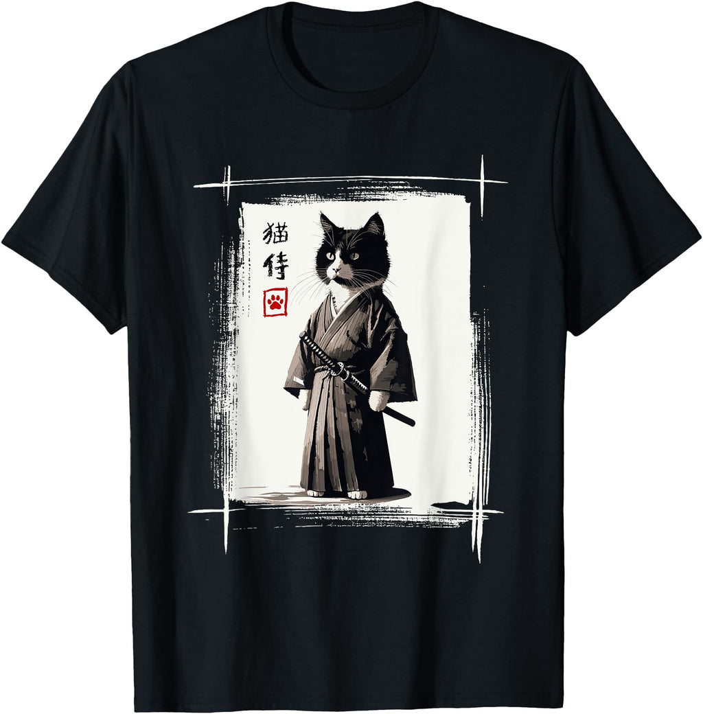 Samurai Cat Japanese Art Sumi E Novelty T-Shirt - Graphic Print Unisex - T-Shirt, Sweatshirt, Hoodie