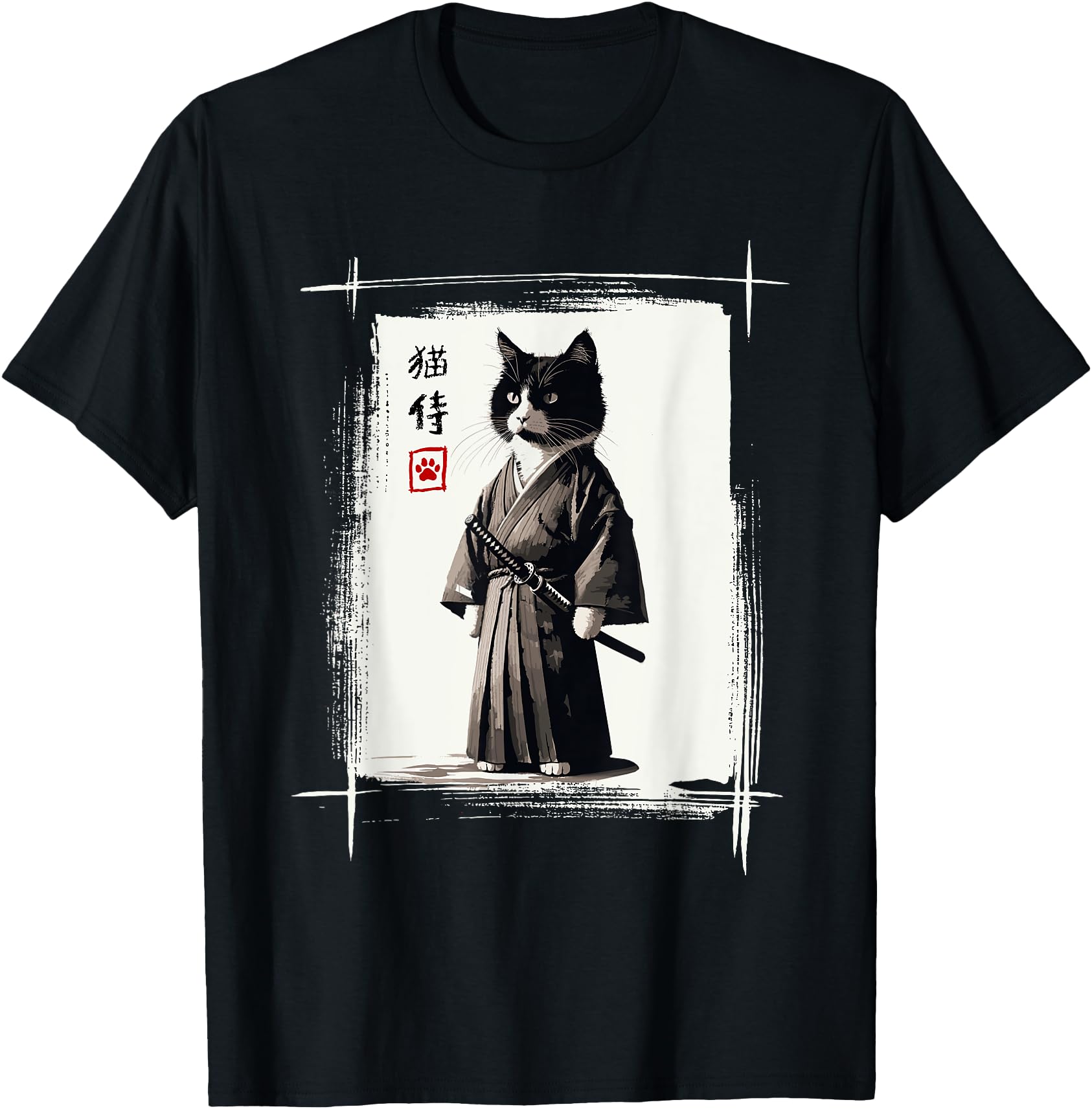 Samurai Cat Japanese Art Sumi E Novelty T-Shirt - Graphic Print Unisex - T-Shirt, Sweatshirt, Hoodie