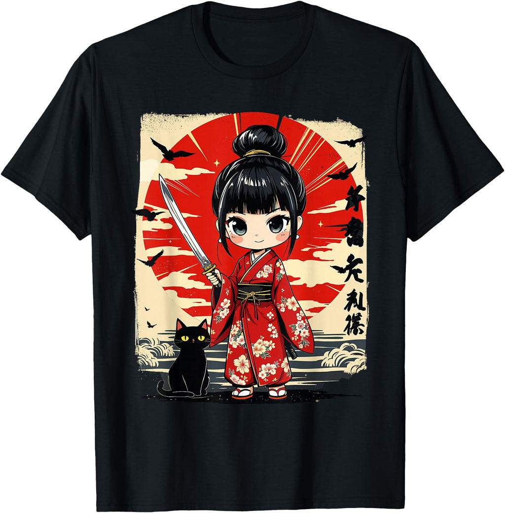 Original Kawaii Samurai And Cat T-Shirt - Aesthetic Graphic Unisex - T-Shirt, Sweatshirt, Hoodie