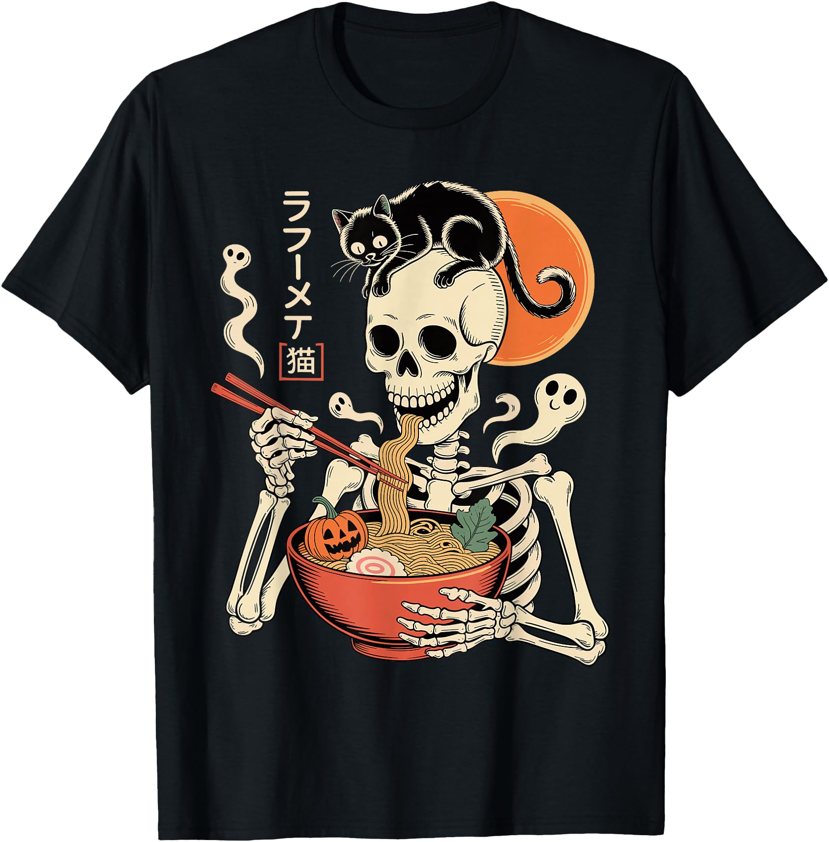 Authentic Spooky Skeleton Eating Ramen T-Shirt - Graphic Print Men Women - T-Shirt, Sweatshirt, Hoodie