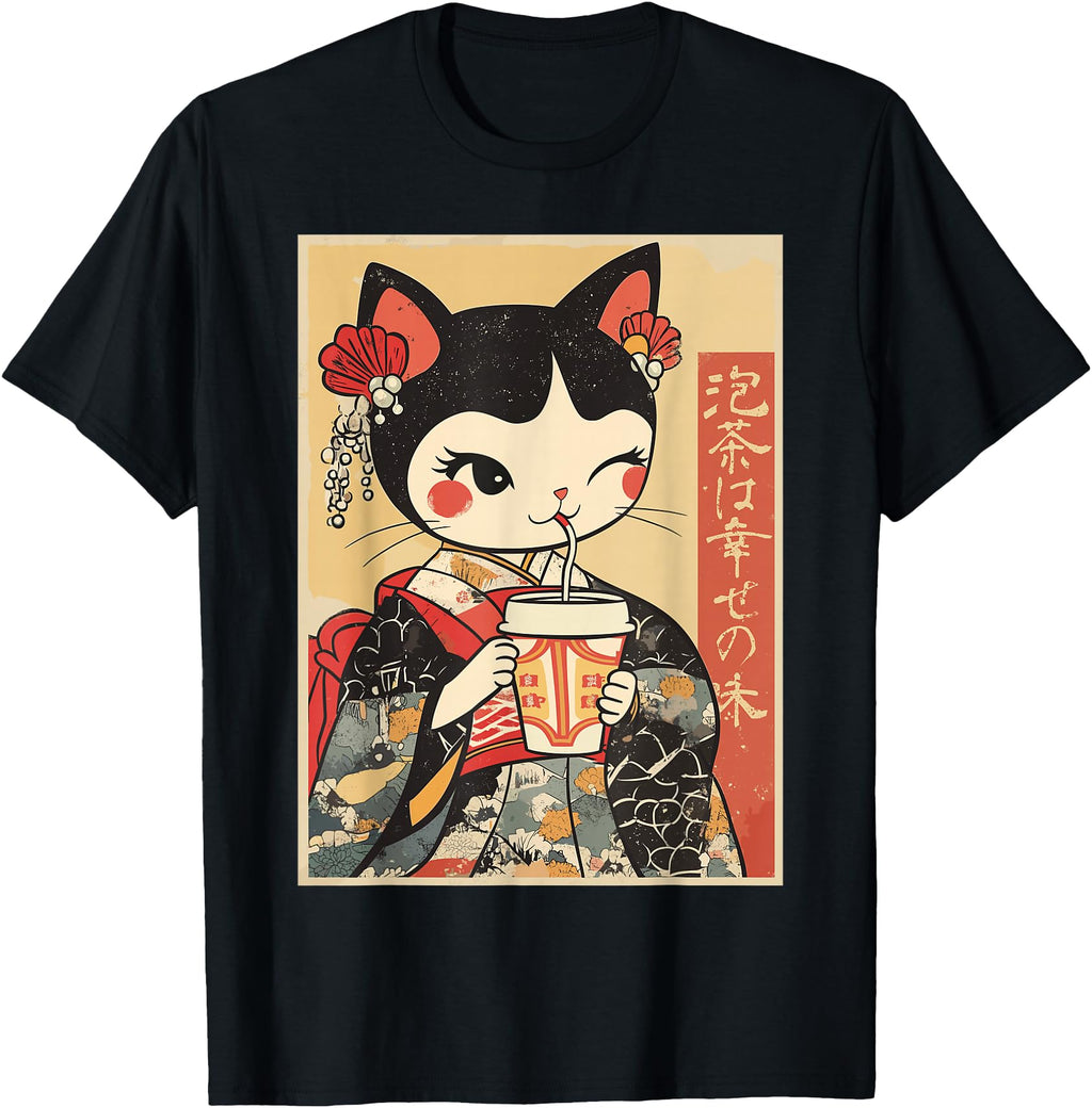 Kawaii Kimono Cat Drinking Bubble Tea T-Shirt - Streetwear Style Men Women - T-Shirt, Sweatshirt, Hoodie