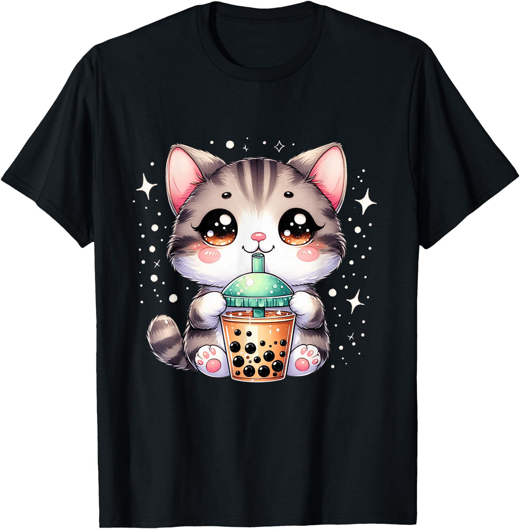 Handcrafted Cat Boba Tea Japanese T-Shirt - Minimalist Print for Adults - T-Shirt, Sweatshirt, Hoodie