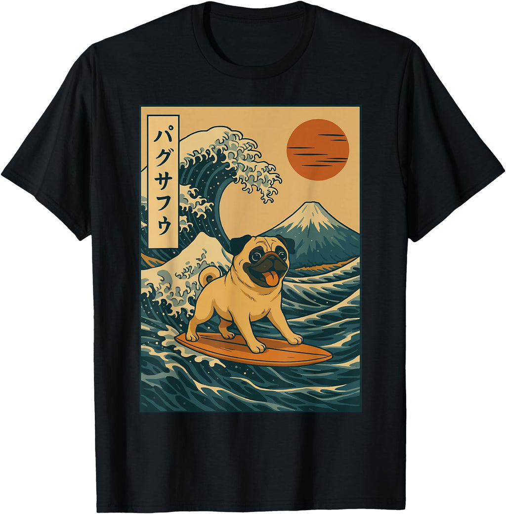Japanese Pug Surfing Wave Great Wave Japan T-Shirt - Novelty Apparel Unisex - T-Shirt, Sweatshirt, Hoodie