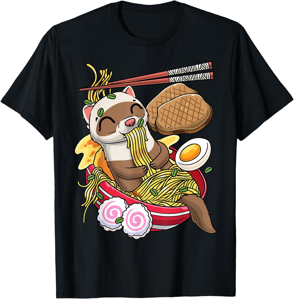 Kawaii Ferret Ramen Noodles Japanese Hoodie - Graphic Print for Adults - T-Shirt, Sweatshirt, Hoodie