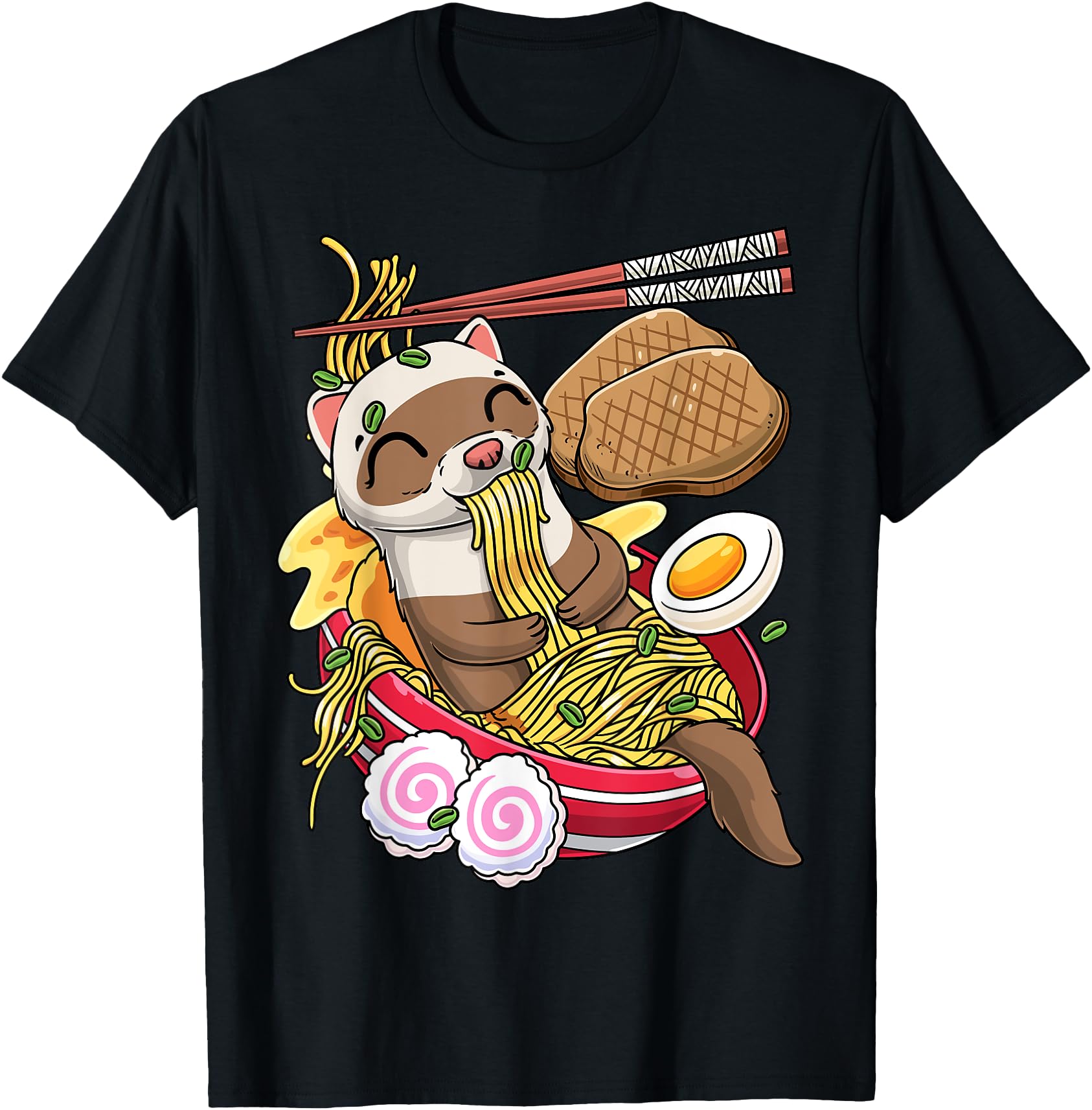 Kawaii Ferret Ramen Noodles Japanese Hoodie - Graphic Print for Adults - T-Shirt, Sweatshirt, Hoodie